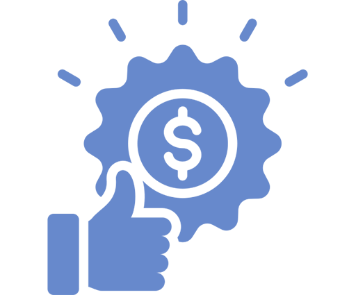 Competitive Pricing A blue thumbs-up icon with a dollar sign surrounded by a sunburst pattern.