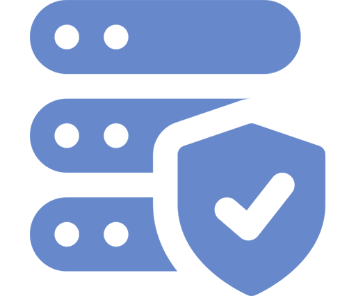 Data Security & Compliance Blue database server icon with three stacked disks and a shield displaying a checkmark on the front.