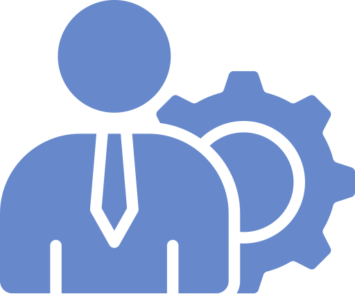 Full-Service Administration Icon of a person wearing a tie next to a gear, symbolizing management or technical leadership.