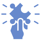 i22 Blue icon of a hand holding a puzzle piece, surrounded by radiating lines.